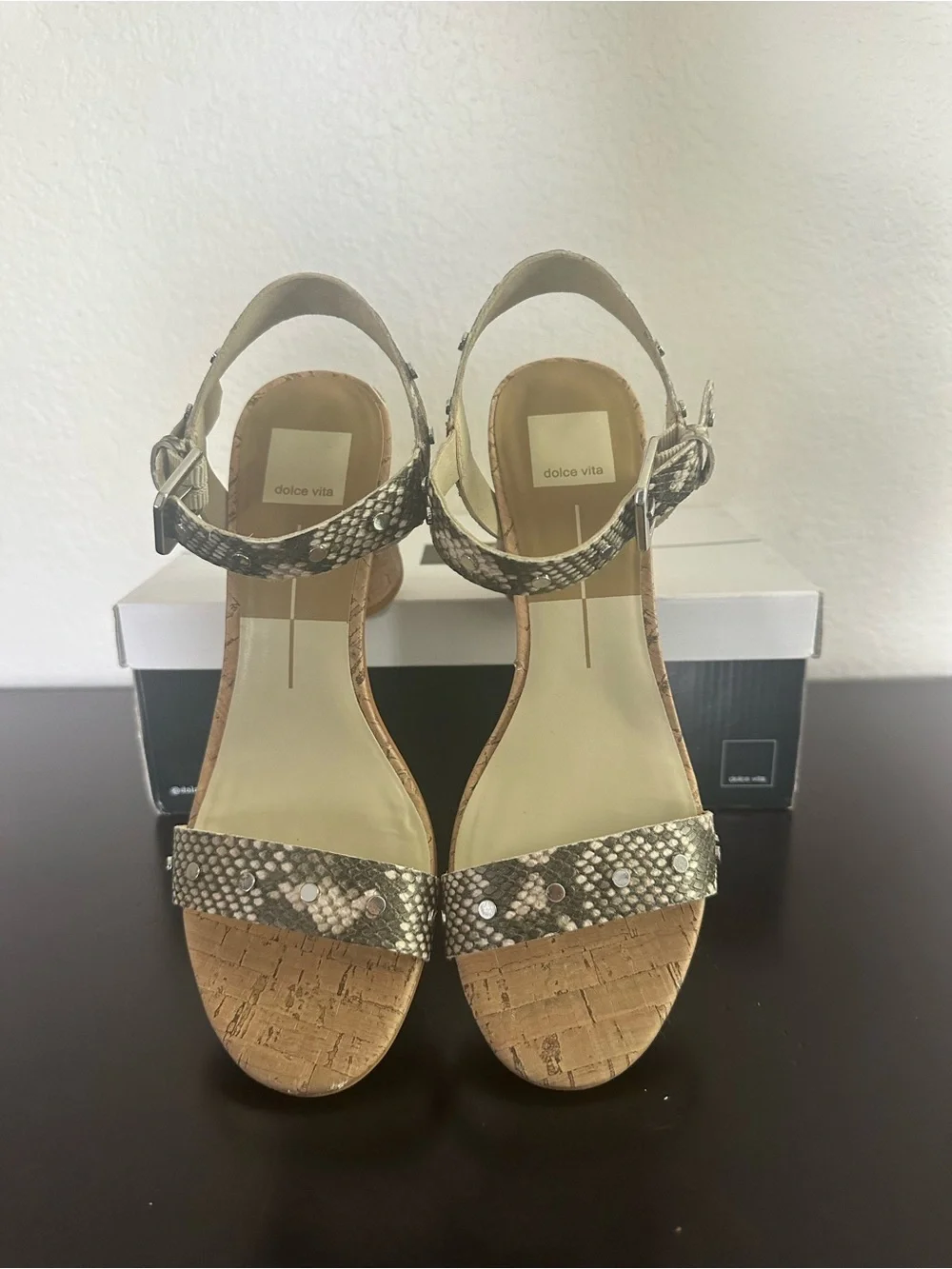 Dolce Vita Metallic Snake-Print Cork Wedge Sandals